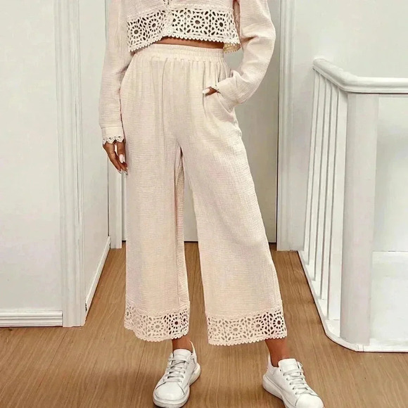 Apricot Casual Women's Fall Lace Splice Long Sleeve Cardigan And Pants - Picture 5 of 6